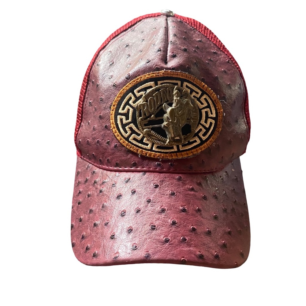 Faux Ostrich Leather Trucker Hat w/Metallic Rodeo-Themed Emblem